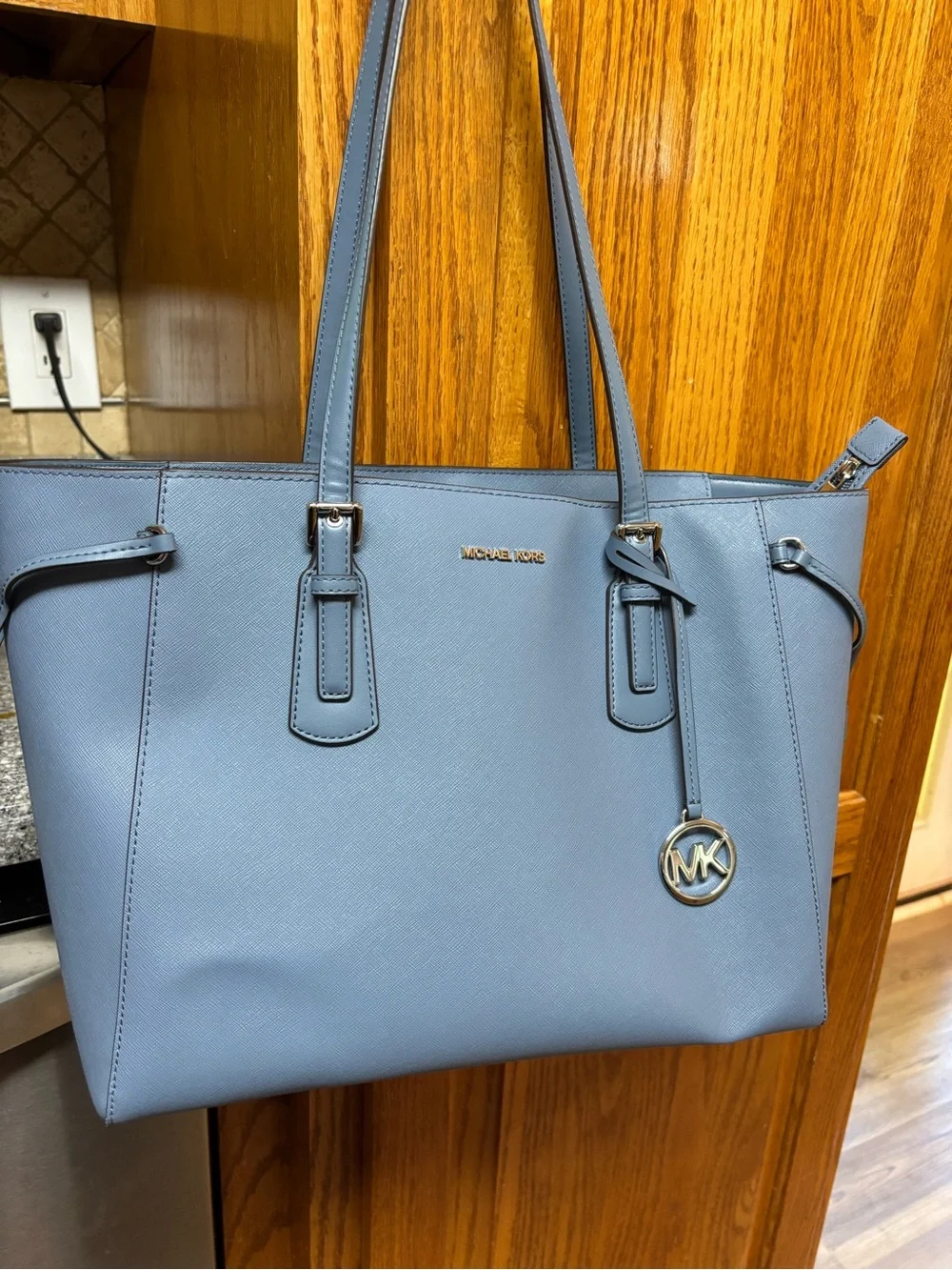 Michael Kors Dusty Blue Saffiano Leather Tote with MK Charm